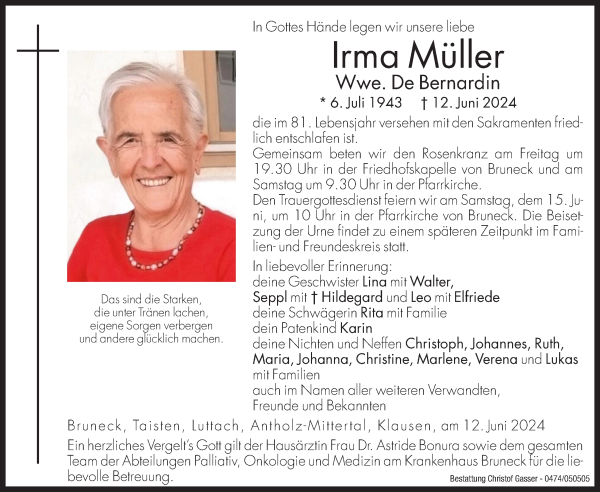 Traueranzeige von Irma De Bernardin von Dolomiten