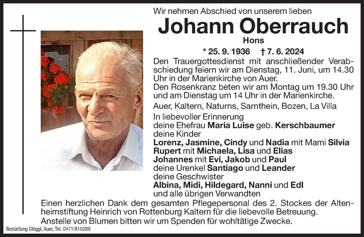  Traueranzeige für Johann Oberrauch vom 10.06.2024 aus Dolomiten