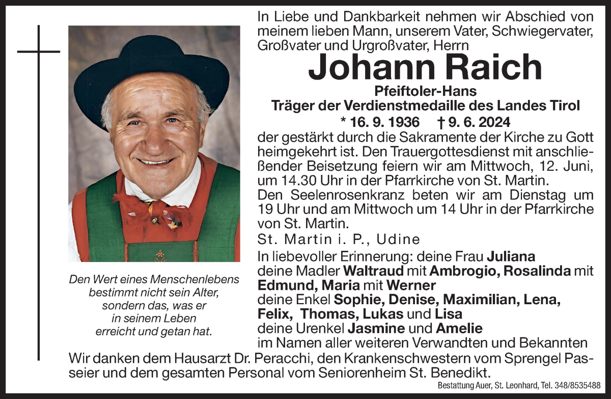  Traueranzeige für Johann Raich vom 10.06.2024 aus Dolomiten