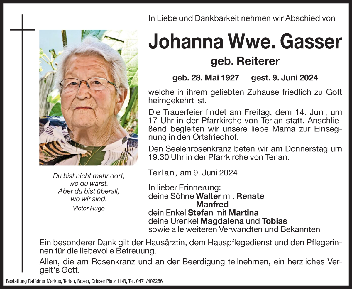  Traueranzeige für Johanna Gasser vom 12.06.2024 aus Dolomiten
