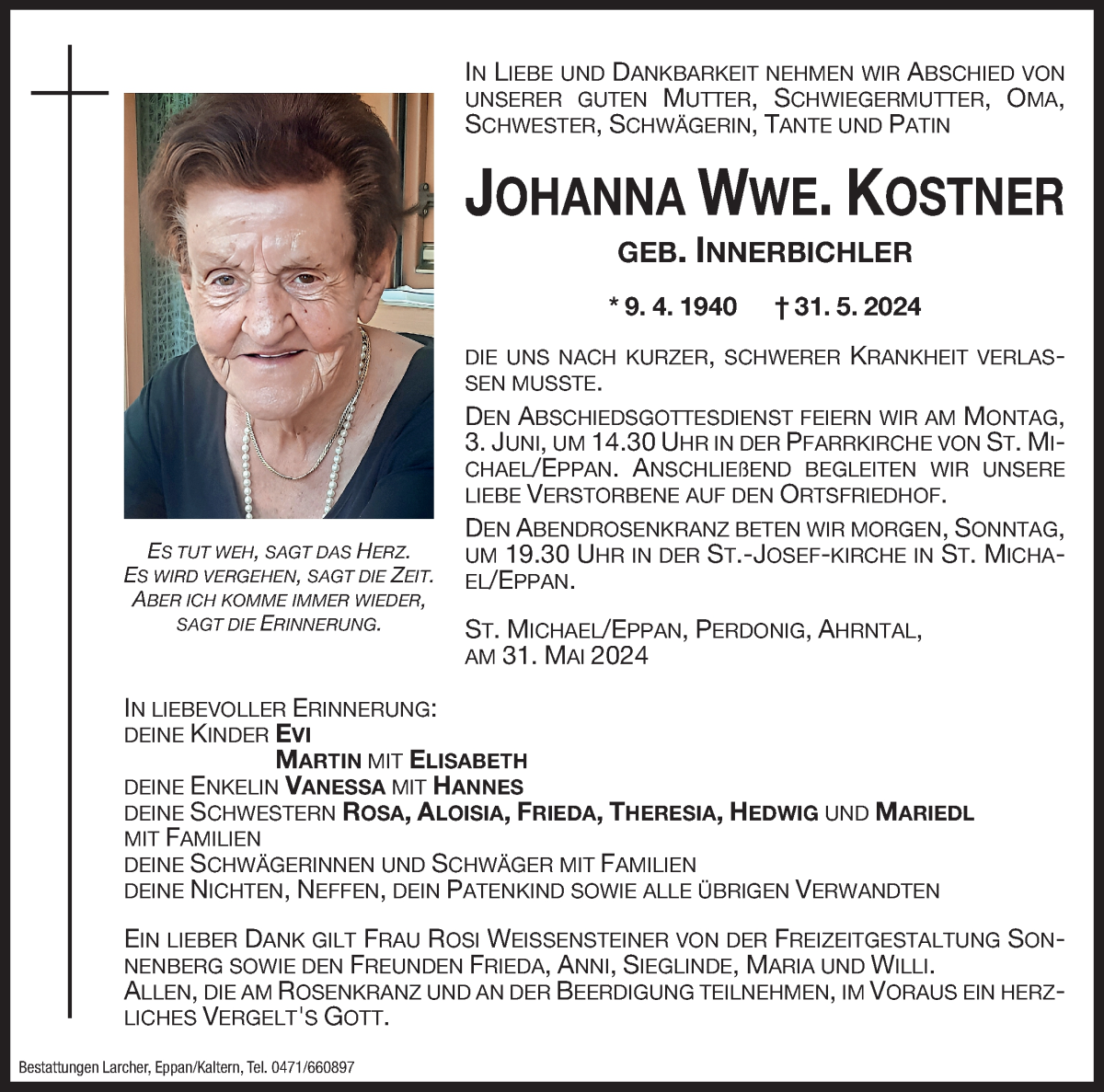  Traueranzeige für Johanna Kostner vom 01.06.2024 aus Dolomiten