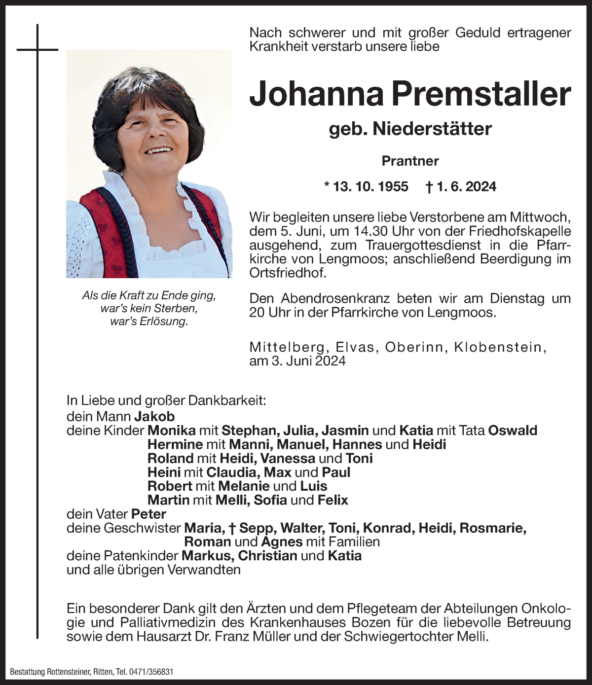  Traueranzeige für Johanna Premstaller vom 03.06.2024 aus Dolomiten