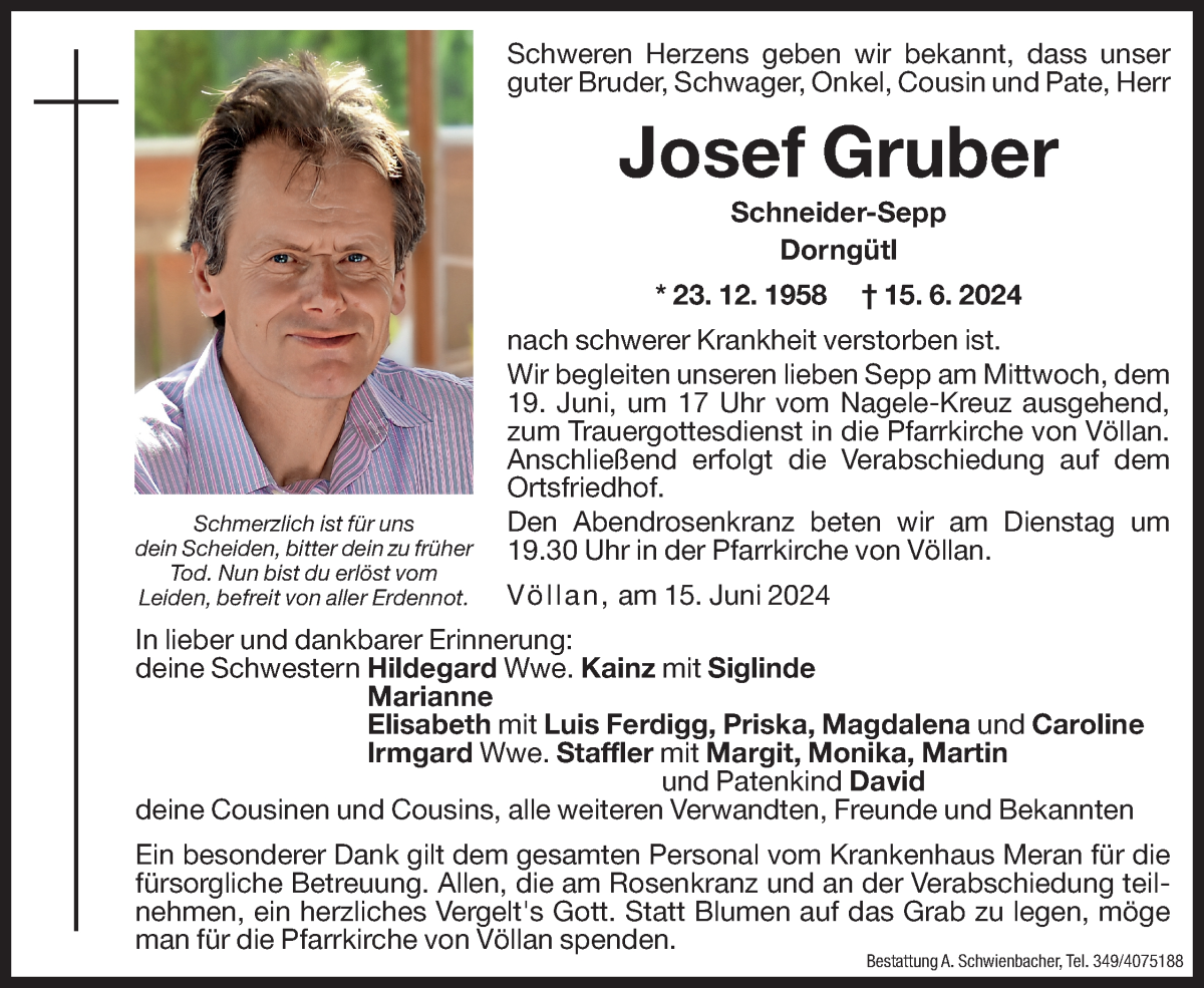  Traueranzeige für Josef Gruber vom 17.06.2024 aus Dolomiten