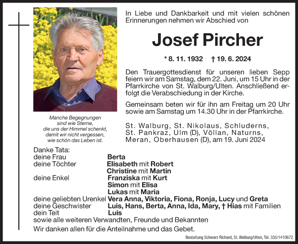 Traueranzeige von Josef Pircher von Dolomiten