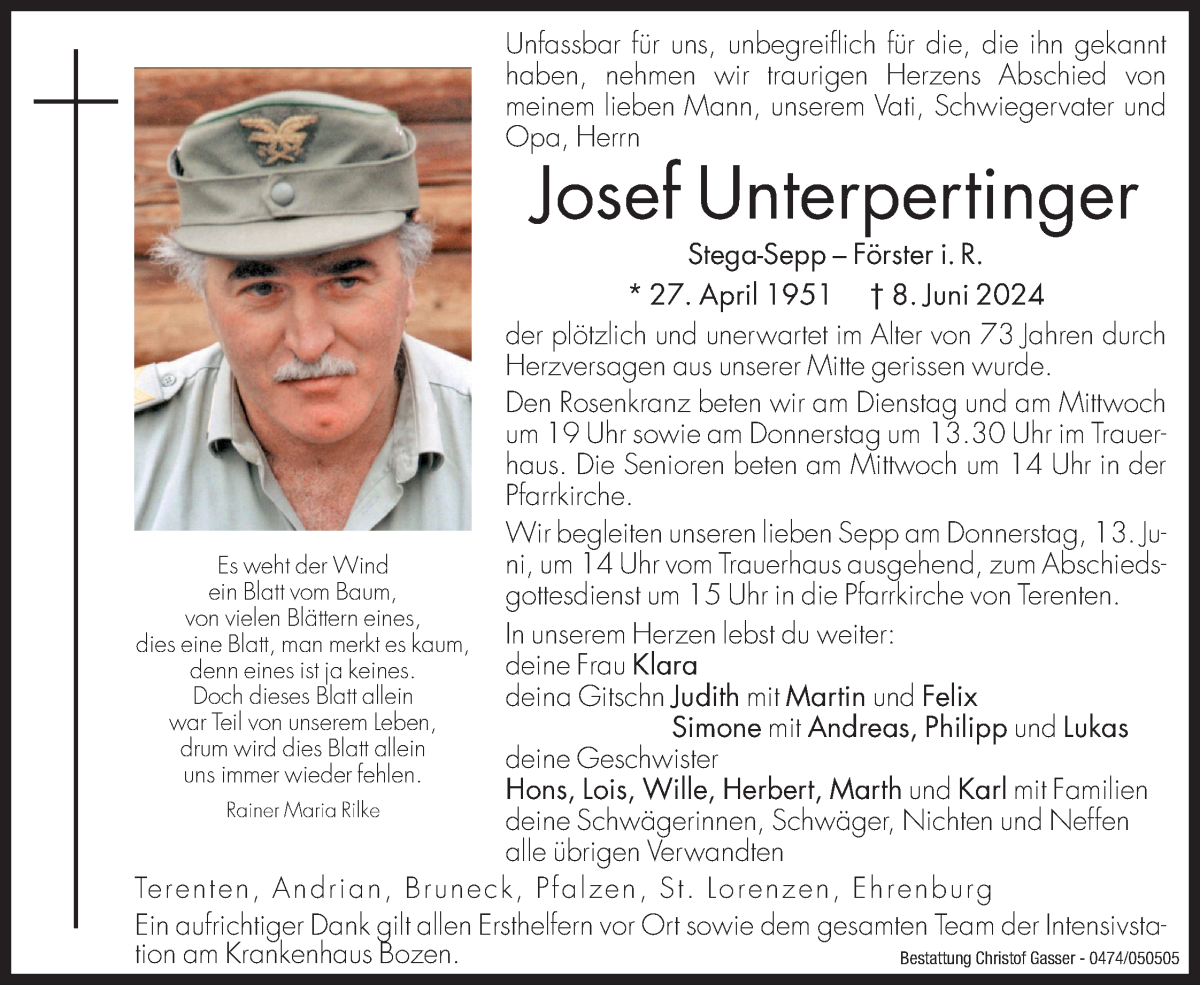  Traueranzeige für Josef Unterpertinger vom 11.06.2024 aus Dolomiten