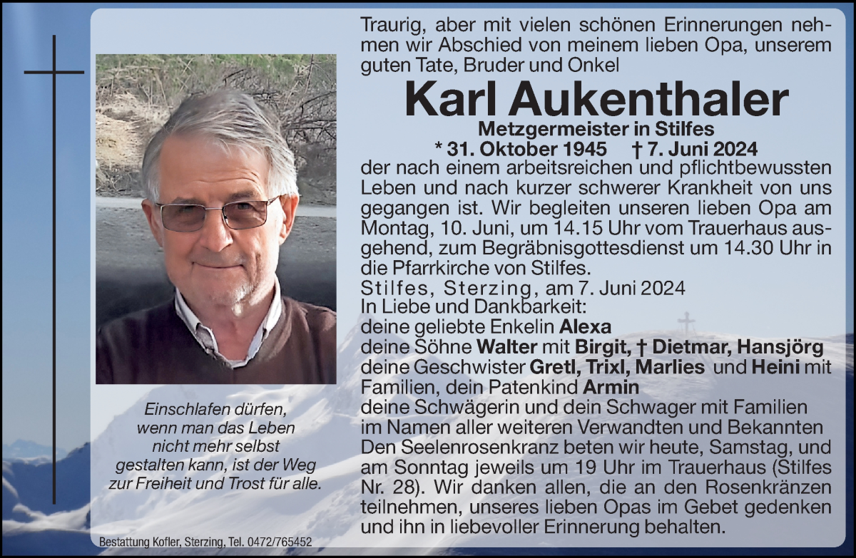  Traueranzeige für Karl Aukenthaler vom 08.06.2024 aus Dolomiten