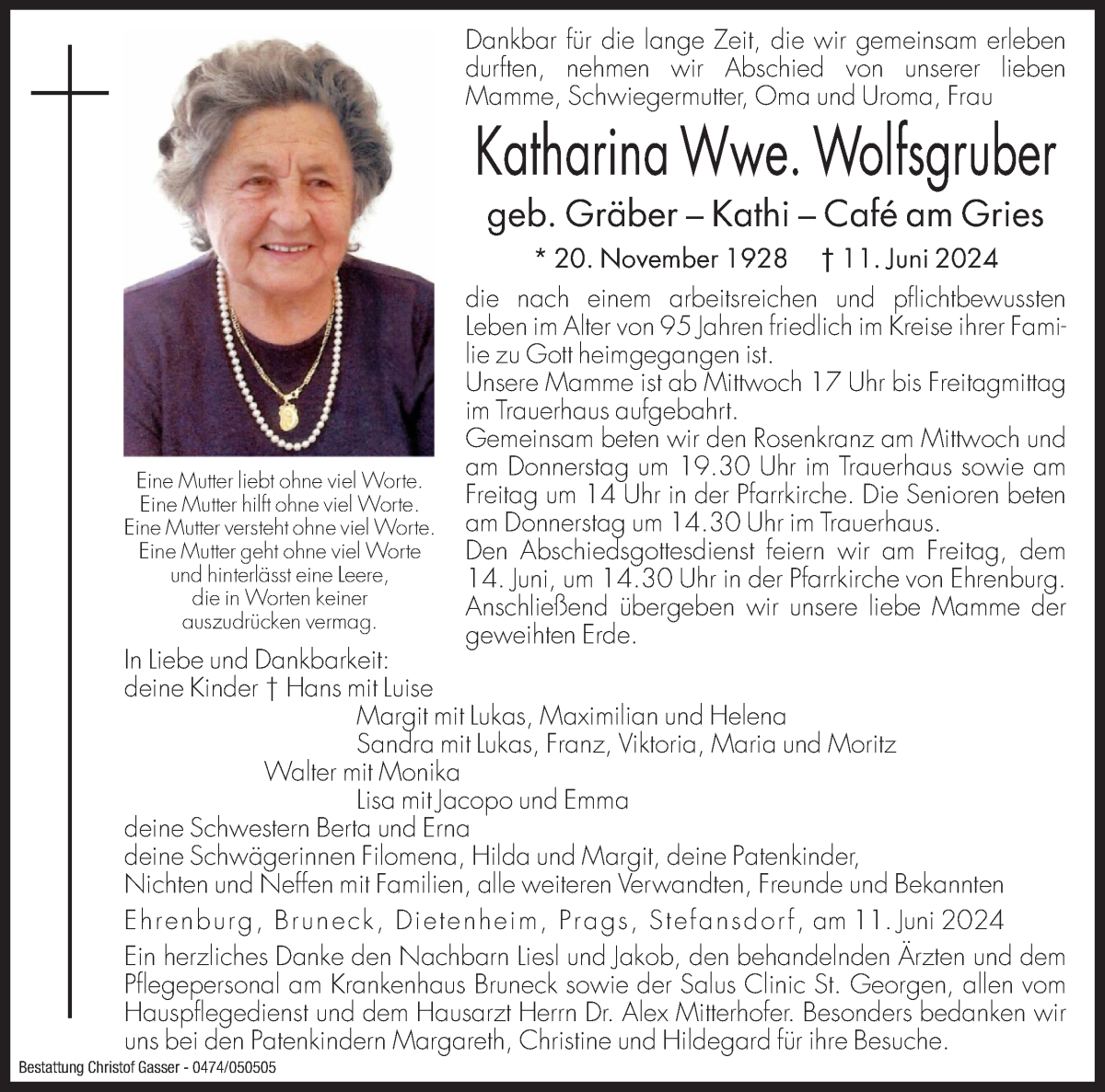  Traueranzeige für Katharina Wolfsgruber vom 12.06.2024 aus Dolomiten