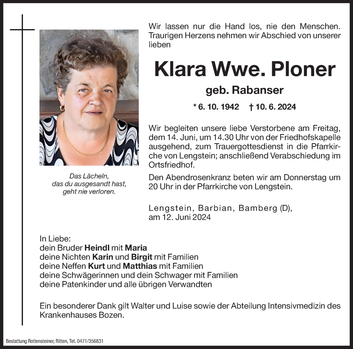  Traueranzeige für Klara Ploner vom 12.06.2024 aus Dolomiten