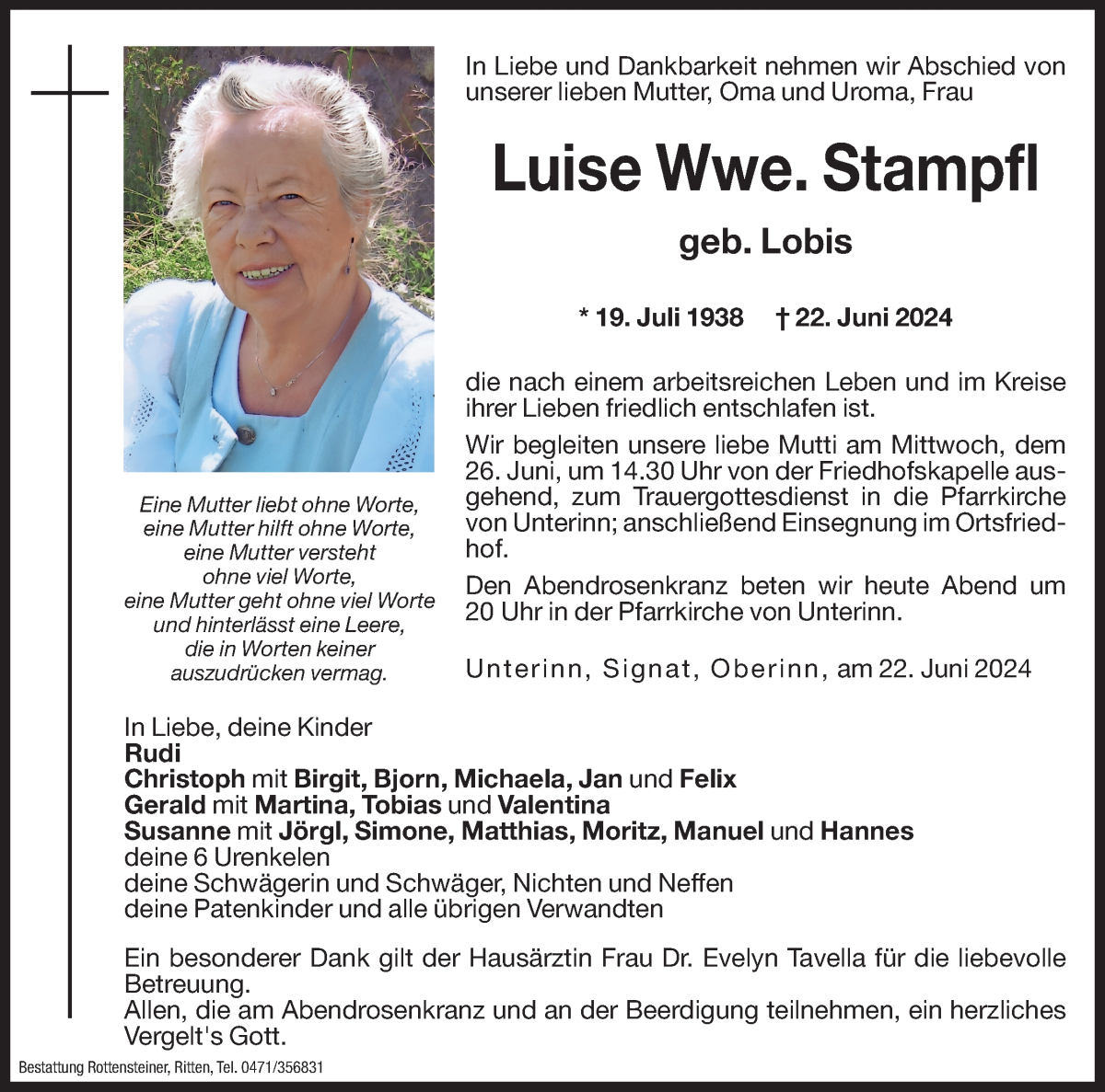  Traueranzeige für Luise Stampfl vom 25.06.2024 aus Dolomiten