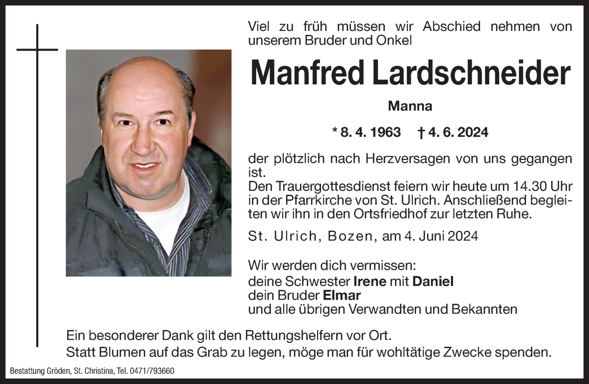  Traueranzeige für Manfred Lardschneider vom 06.06.2024 aus Dolomiten