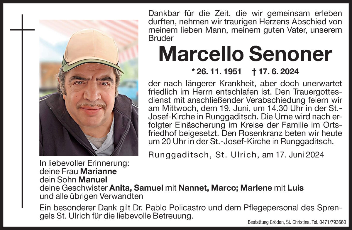  Traueranzeige für Marcello Senoner vom 18.06.2024 aus Dolomiten