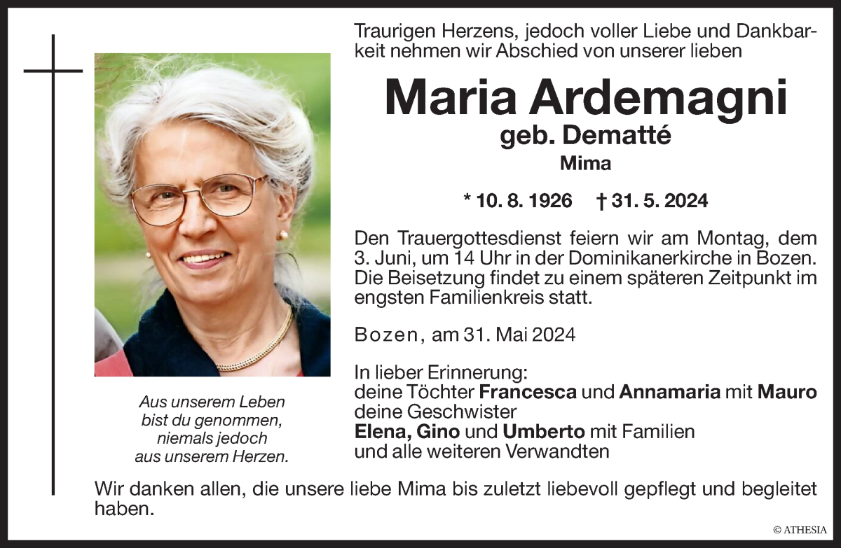  Traueranzeige für Maria Ardemagni vom 01.06.2024 aus Dolomiten
