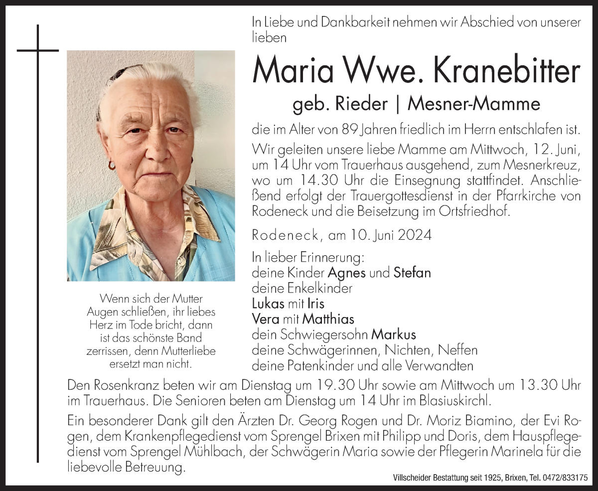  Traueranzeige für Maria Kranebitter vom 11.06.2024 aus Dolomiten