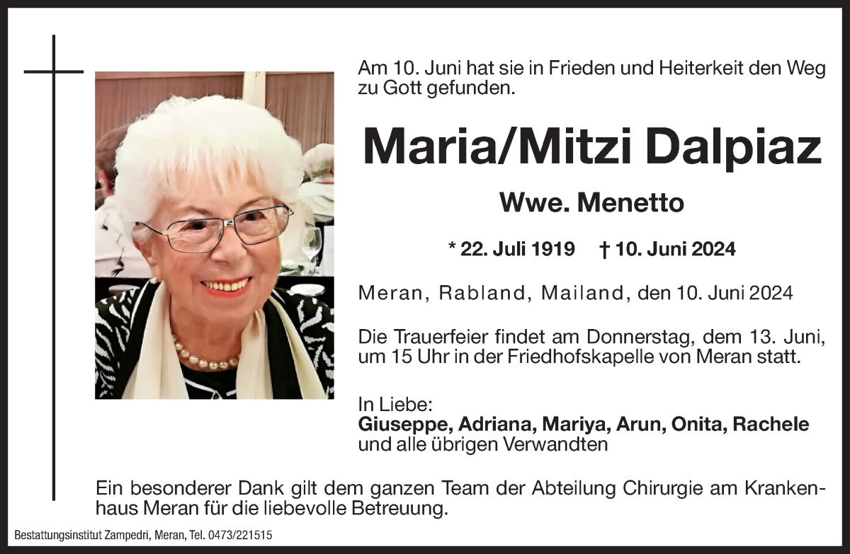  Traueranzeige für Maria / Mitzi Menetto vom 11.06.2024 aus Dolomiten