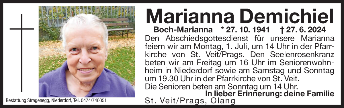  Traueranzeige für Marianna Demichiel vom 28.06.2024 aus Dolomiten
