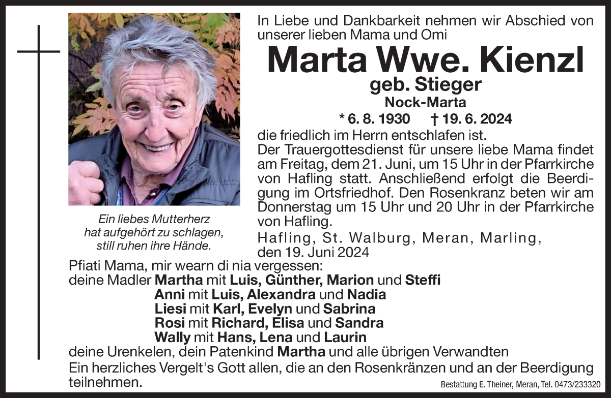  Traueranzeige für Marta Kienzl vom 20.06.2024 aus Dolomiten