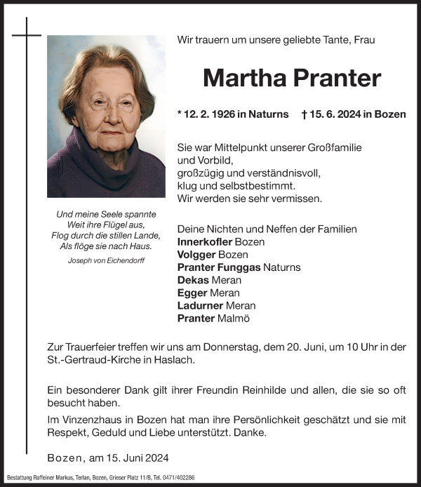 Traueranzeige von Martha Pranter von Dolomiten