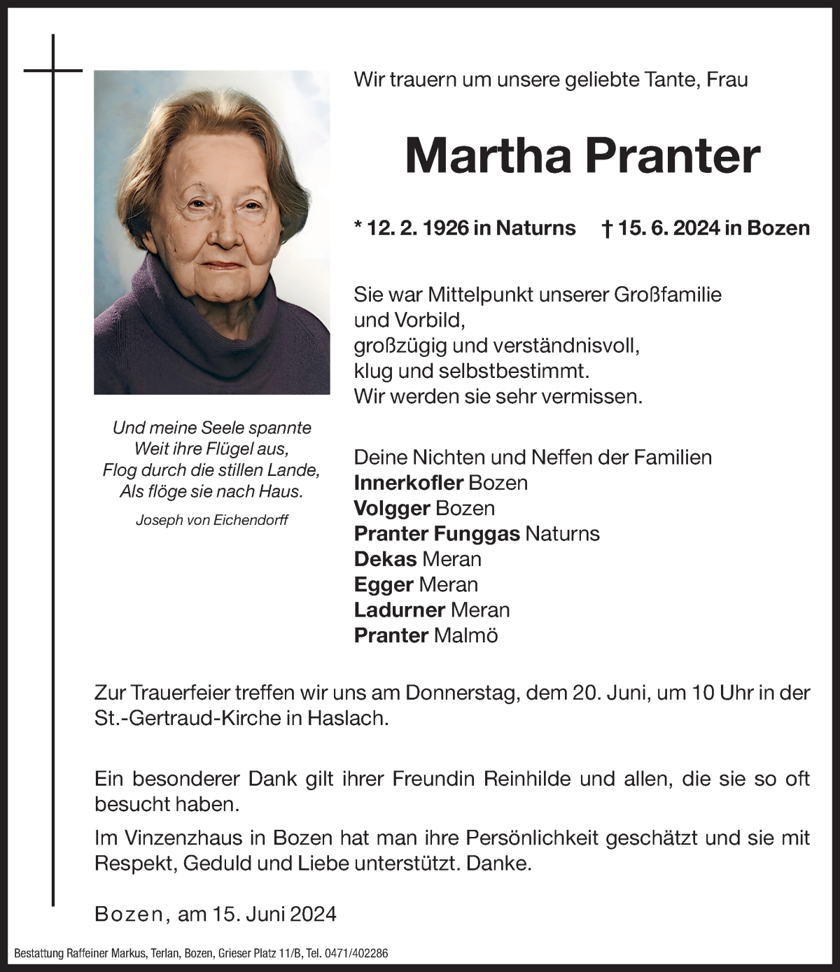  Traueranzeige für Martha Pranter vom 18.06.2024 aus Dolomiten