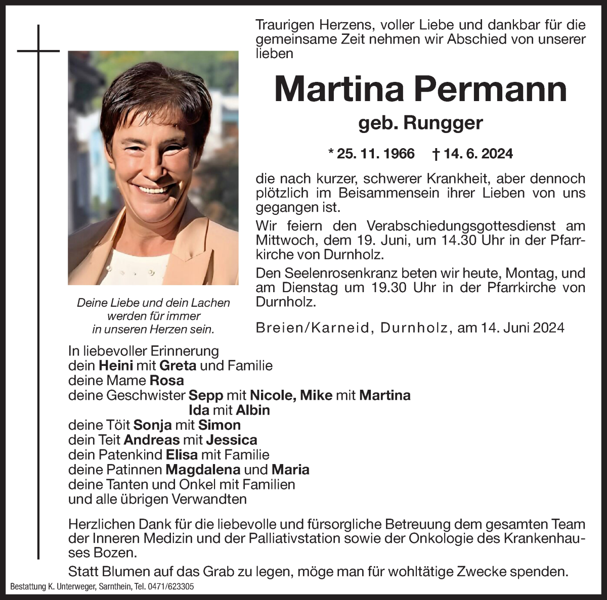  Traueranzeige für Martina Permann vom 17.06.2024 aus Dolomiten