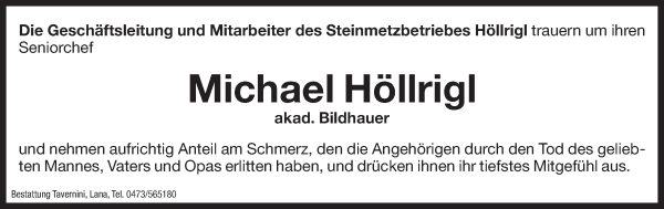 Traueranzeige von Michael Höllrigl von Dolomiten