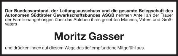 Traueranzeige von Moritz Gasser von Dolomiten