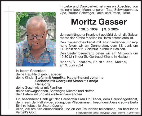 Traueranzeige von Moritz Gasser von Dolomiten