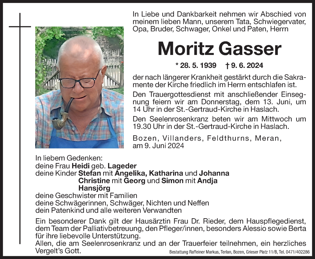  Traueranzeige für Moritz Gasser vom 11.06.2024 aus Dolomiten