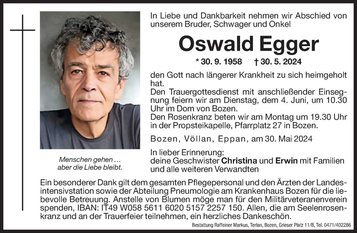  Traueranzeige für Oswald Egger vom 01.06.2024 aus Dolomiten