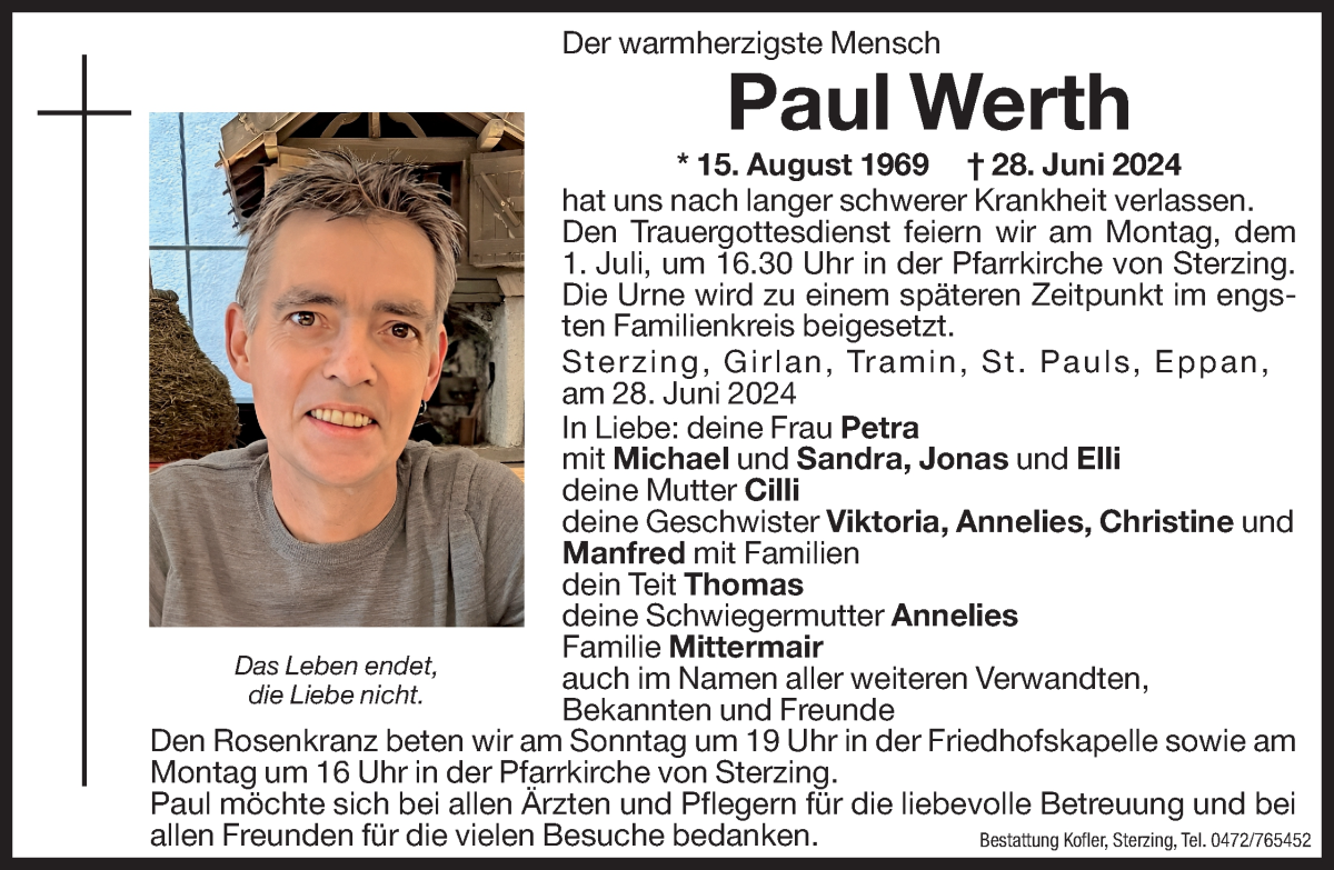  Traueranzeige für Paul Werth vom 29.06.2024 aus Dolomiten
