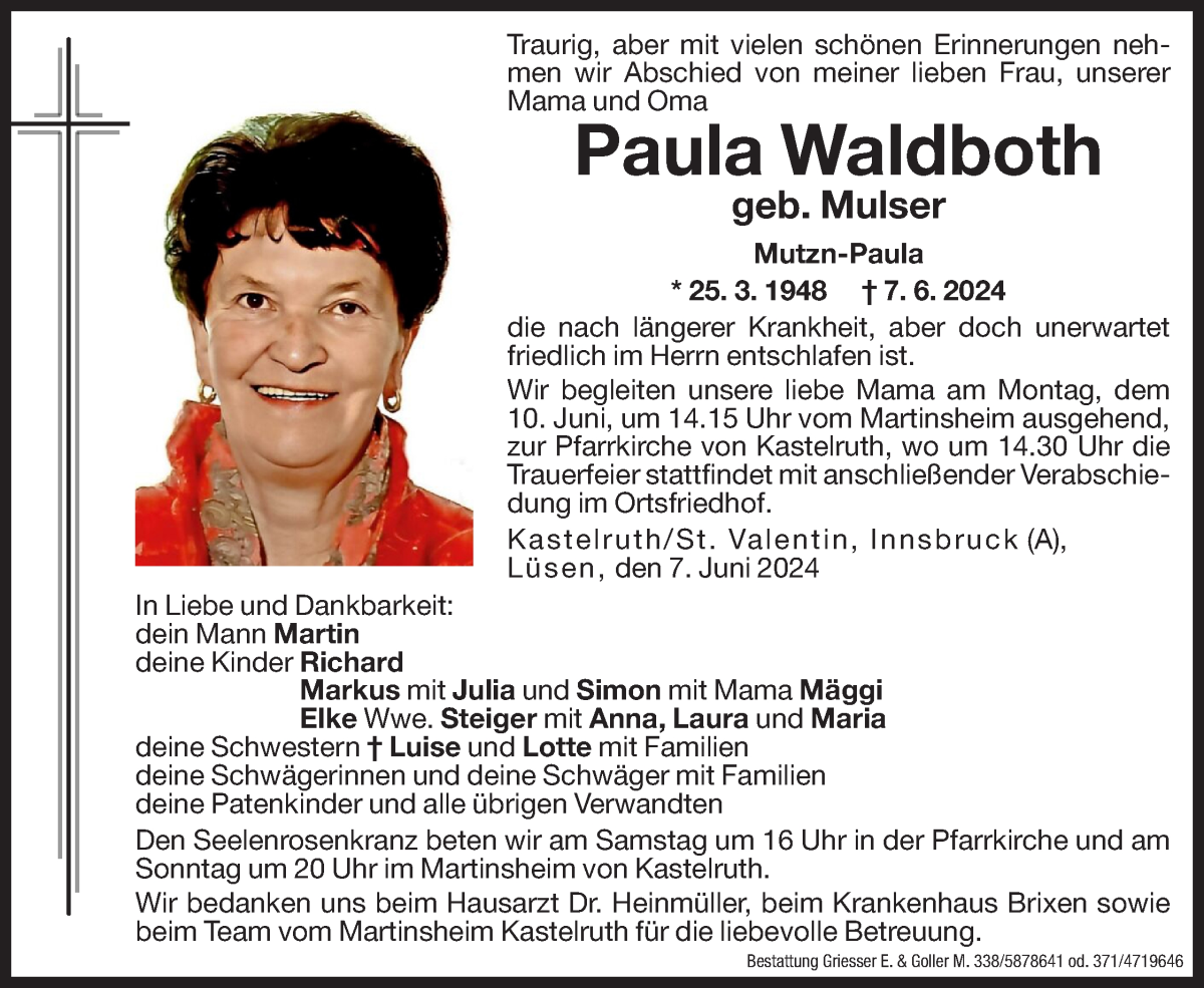  Traueranzeige für Paula Waldboth vom 08.06.2024 aus Dolomiten