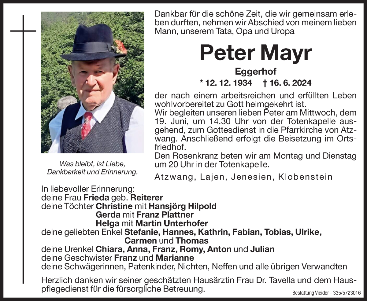  Traueranzeige für Peter Mayr vom 17.06.2024 aus Dolomiten