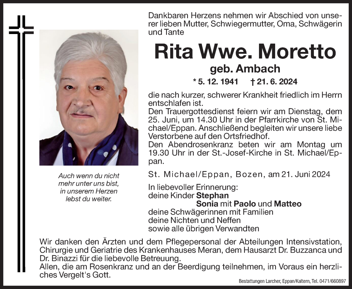  Traueranzeige für Rita Moretto vom 22.06.2024 aus Dolomiten