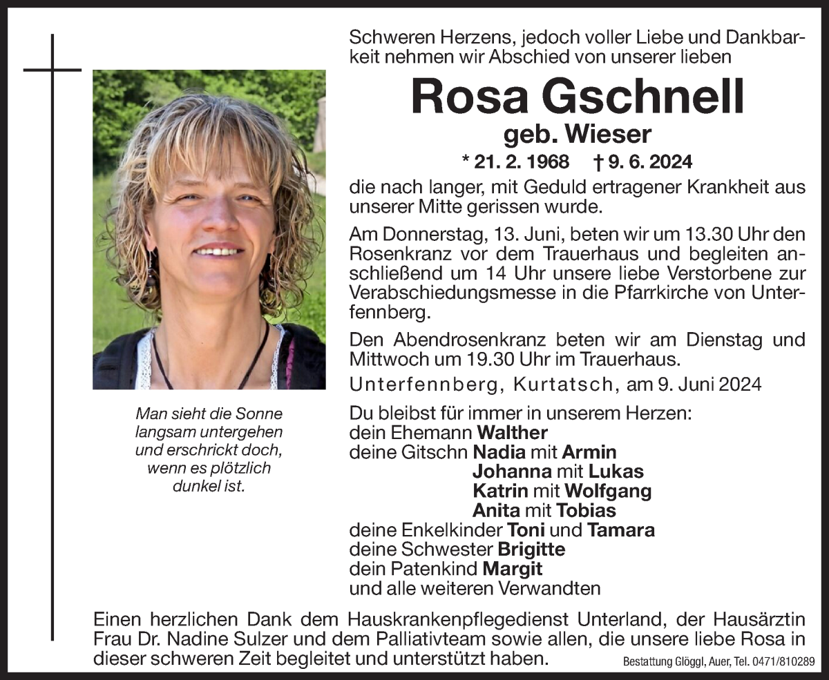  Traueranzeige für Rosa Gschnell vom 11.06.2024 aus Dolomiten