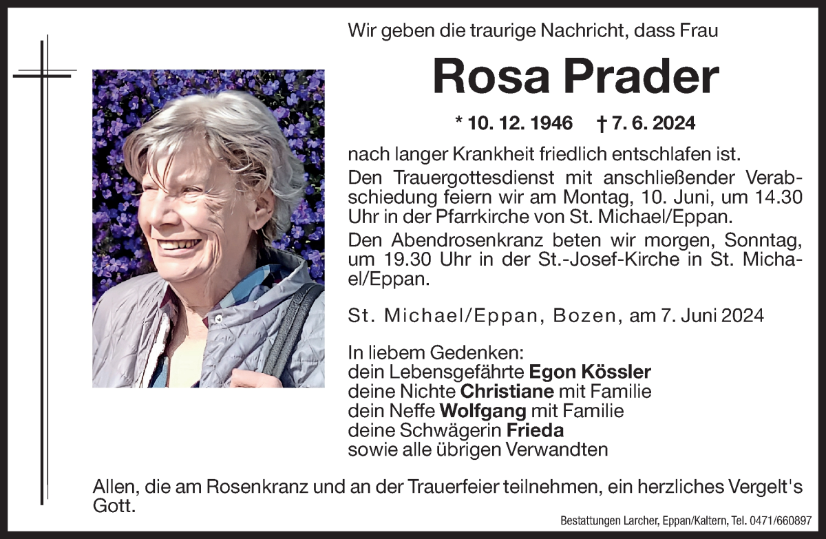  Traueranzeige für Rosa Prader vom 08.06.2024 aus Dolomiten