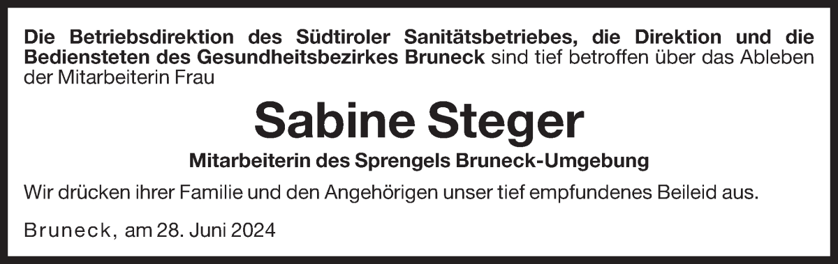  Traueranzeige für Sabine Steger vom 29.06.2024 aus Dolomiten