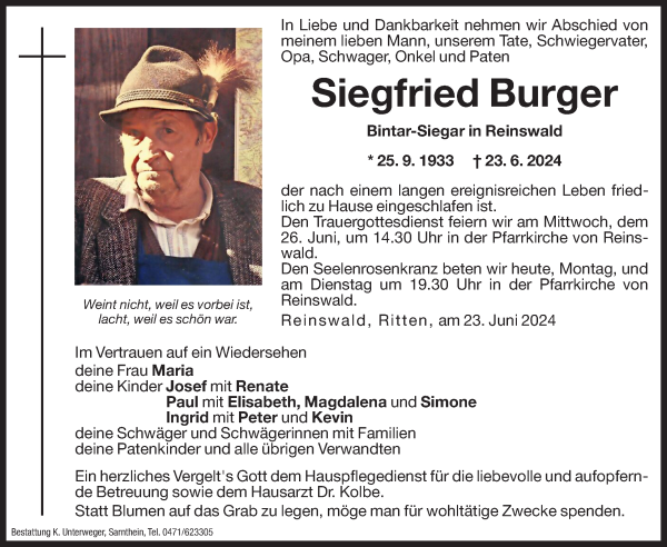 Traueranzeige von Siegfried Burger von Dolomiten