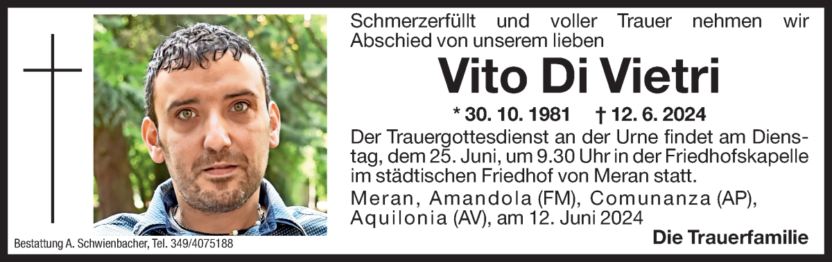  Traueranzeige für Vito Di Vietri vom 22.06.2024 aus Dolomiten