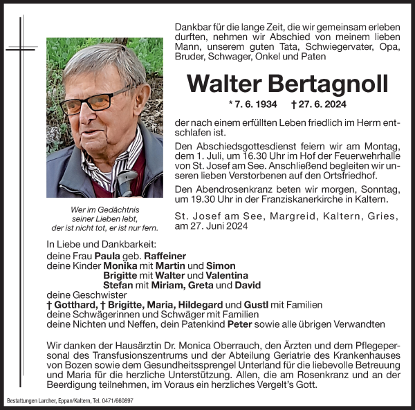 Traueranzeige von Walter Bertagnoll von Dolomiten