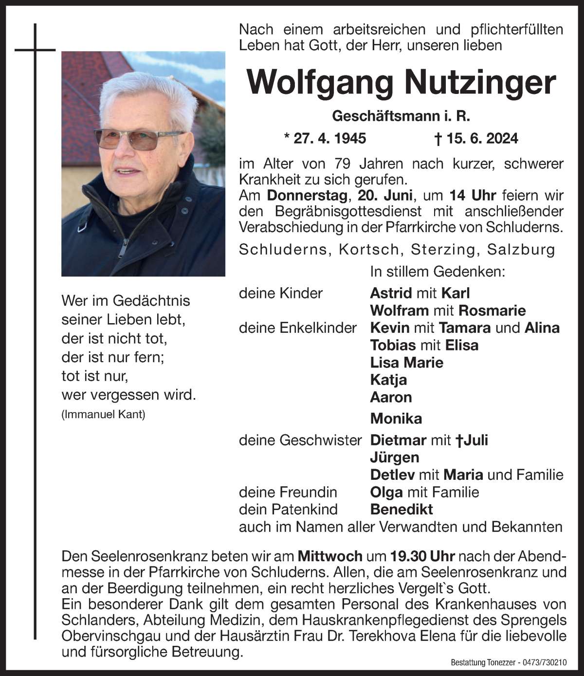  Traueranzeige für Wolfgang Nutzinger vom 19.06.2024 aus Dolomiten