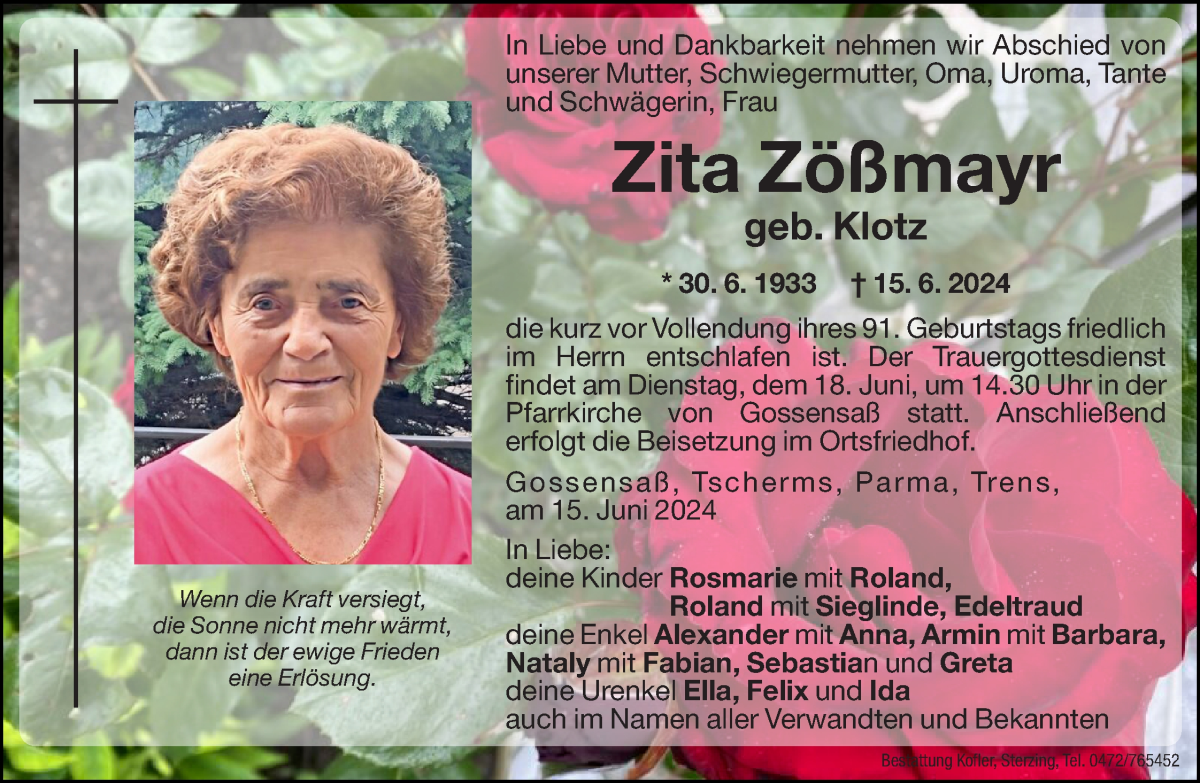  Traueranzeige für Zita Zößmayr vom 17.06.2024 aus Dolomiten