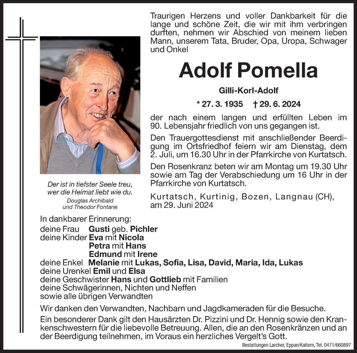  Traueranzeige für Adolf Pomella vom 01.07.2024 aus Dolomiten