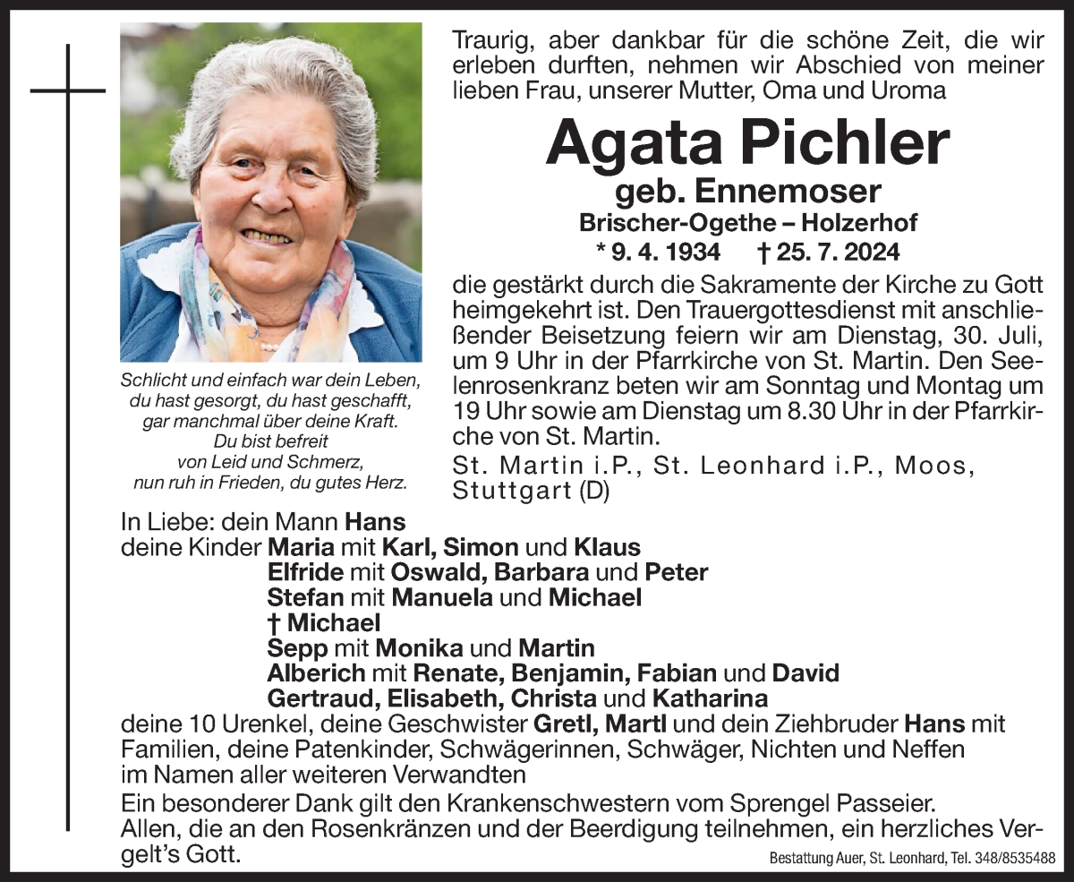  Traueranzeige für Agata Pichler vom 27.07.2024 aus Dolomiten