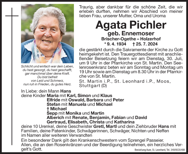 Traueranzeige von Agata Pichler von Dolomiten