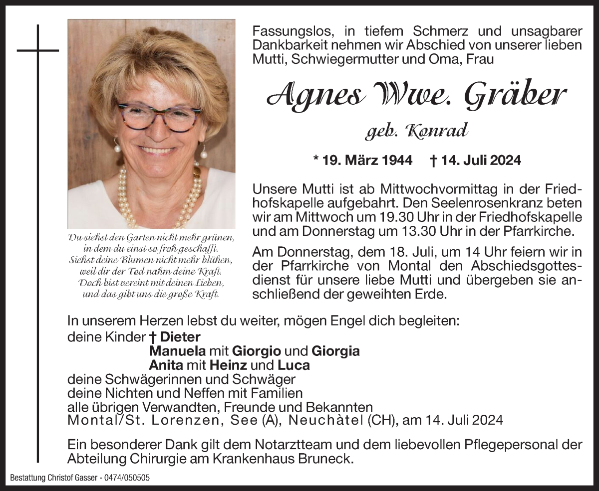  Traueranzeige für Agnes Gräber vom 17.07.2024 aus Dolomiten