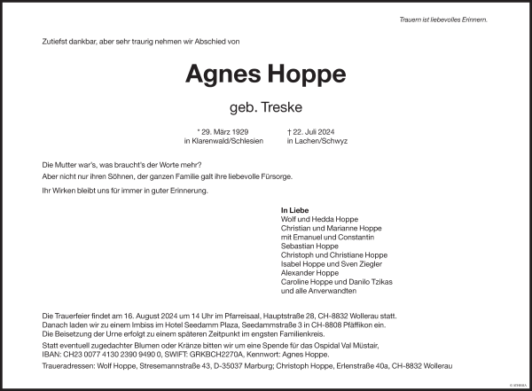 Traueranzeige von Agnes Hoppe von Dolomiten