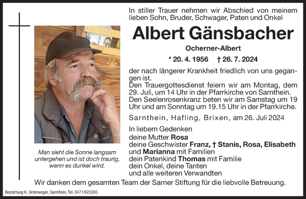 Traueranzeige von Albert Gänsbacher von Dolomiten