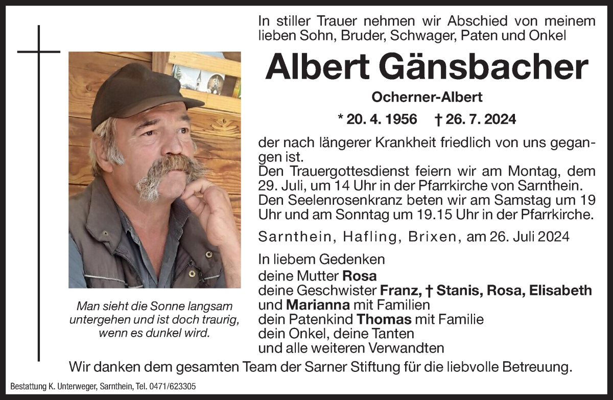  Traueranzeige für Albert Gänsbacher vom 27.07.2024 aus Dolomiten