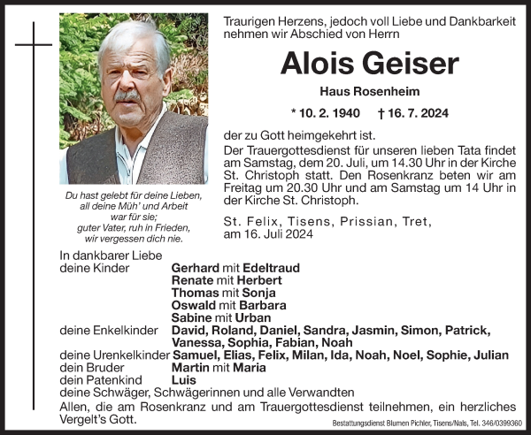 Traueranzeige von Alois Geiser von Dolomiten