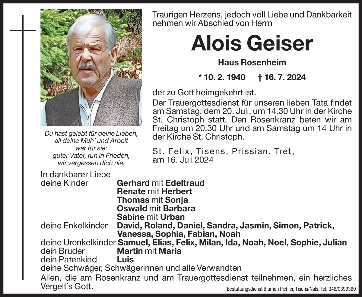  Traueranzeige für Alois Geiser vom 19.07.2024 aus Dolomiten