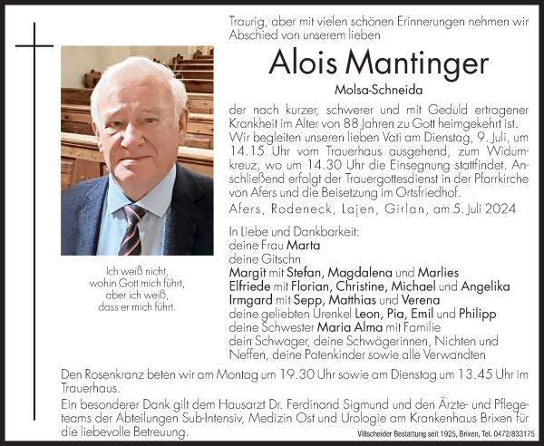 Traueranzeige von Alois Mantinger von Dolomiten